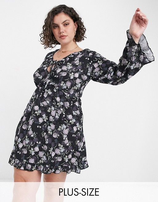 Yours flared sleeve floral mini dress in navy