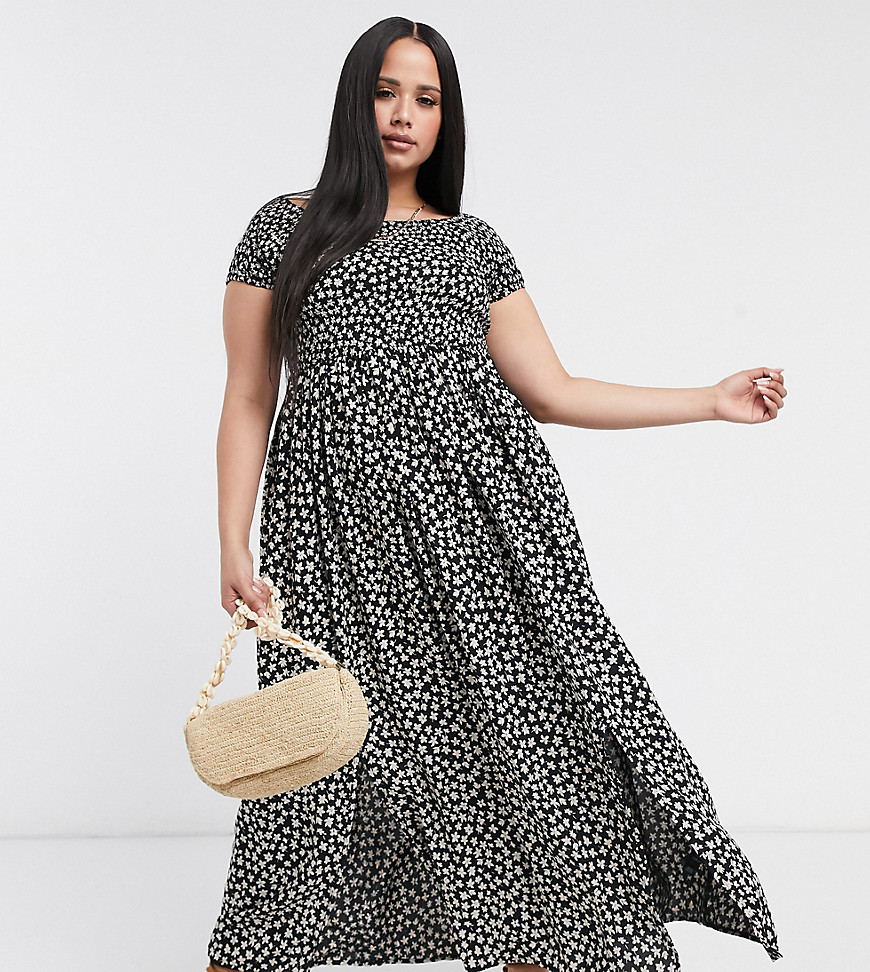 Yours floral print bardot maxi dress in black