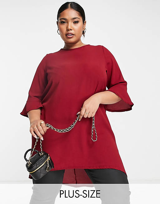 Yours fluted sleeve blouse in burgundy