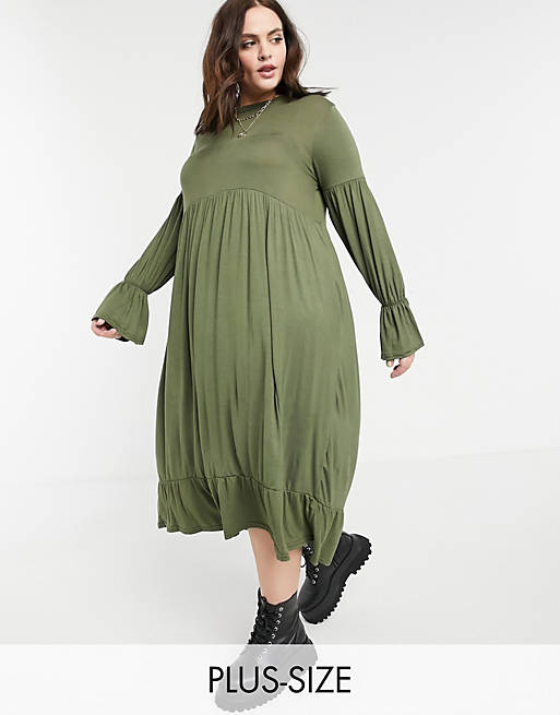  Yours fluted sleeve tiered maxi dress in khaki 