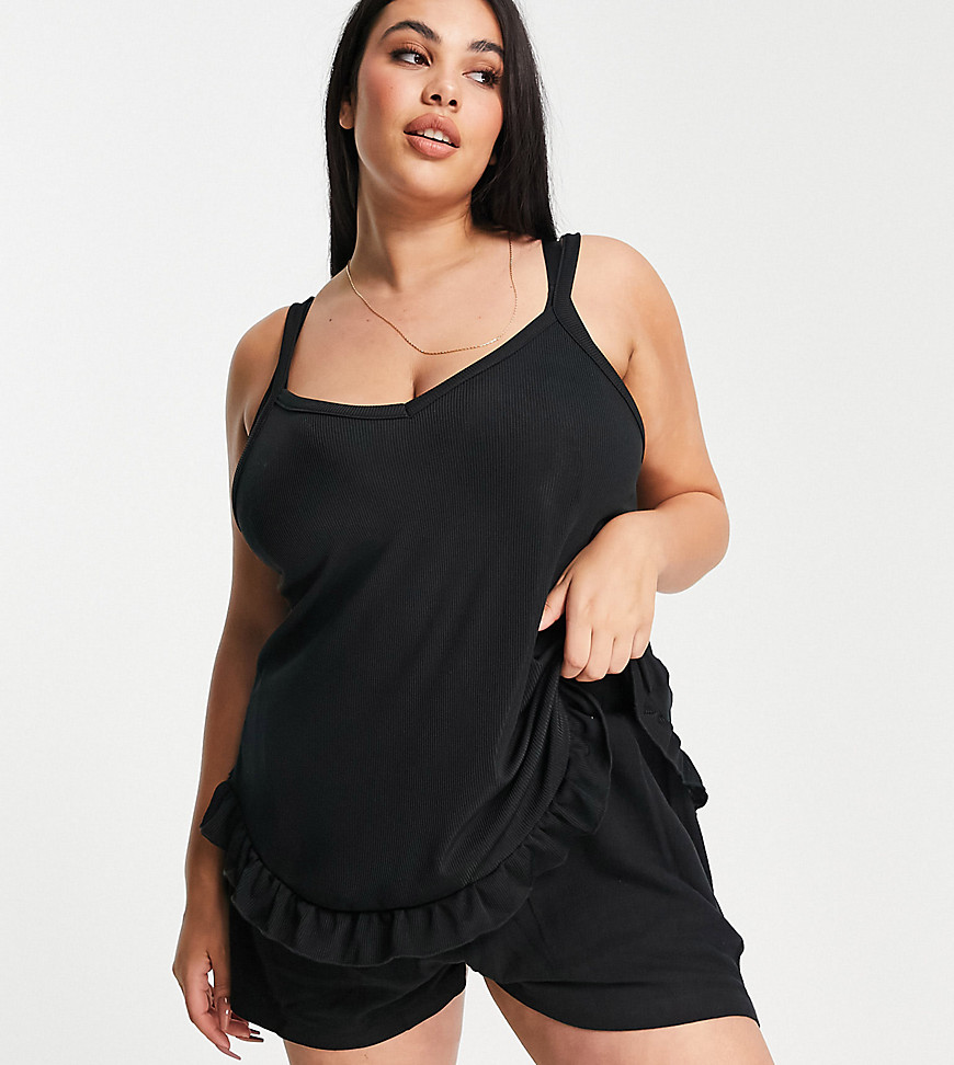 Yours frill detail pajama top in black