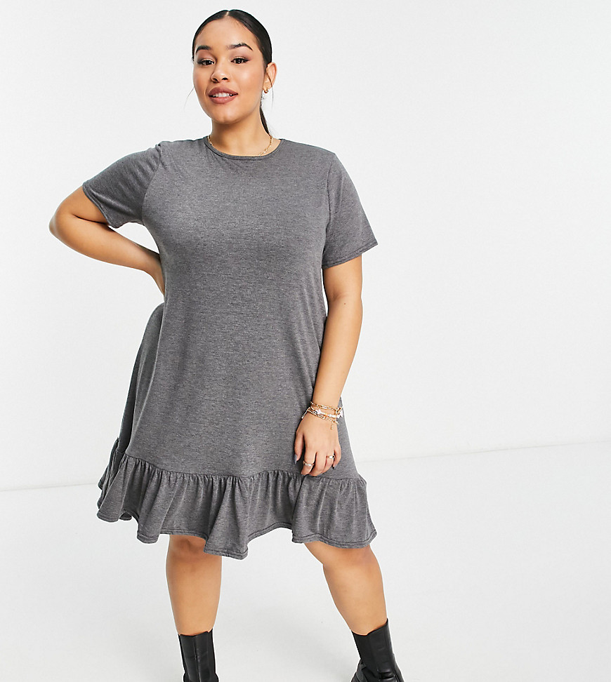 Yours frill hem dress in charcoal heather-Grey