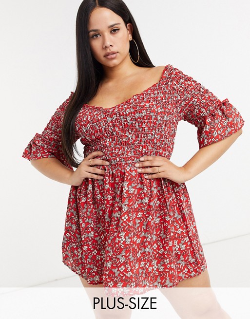 Yours frill sleeve floral printed shirred top in red