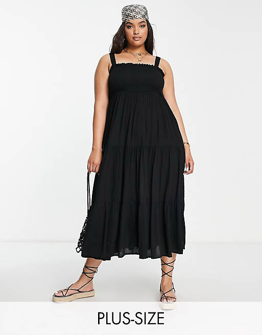 Yours - Gelaagde midi-jurk met textuur en smokwerk in zwart
