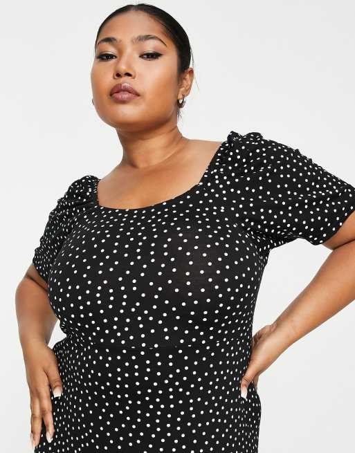 Yours – Gepunktetes Maxikleid in Schwarz mit eckigem Ausschnitt, 3 von 4
