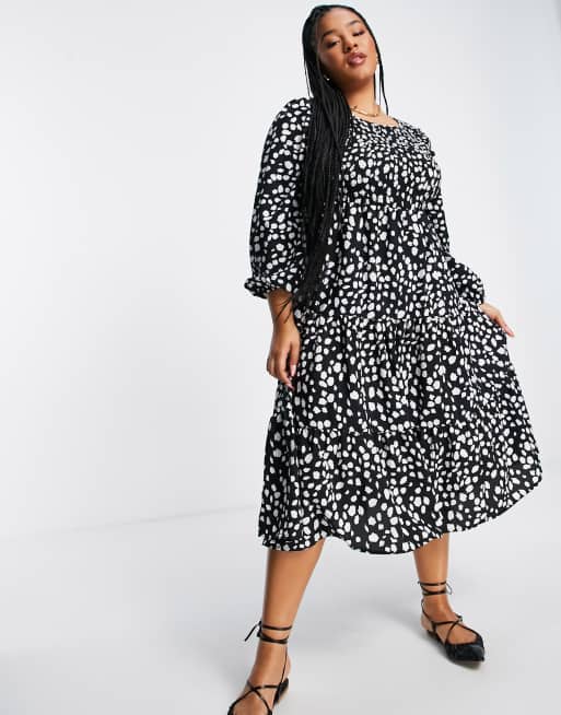 Yours – Gerafftes Midikleid in Schwarz mit Ballonärmeln und Animalprint, 3 von 4