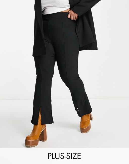 Yours - Geribbelde flare legging met split in zwart