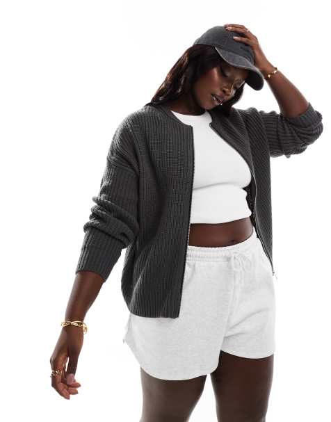 Yours – Gerippte Strickjacke in Anthrazit mit Reißverschluss - view 1