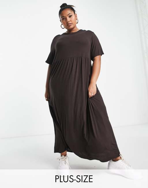 Yours - Gesmokte midi T-shirtjurk in bruin