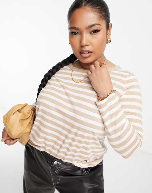 Yours - Gestreepte top met lange mouwen in naturel met wit