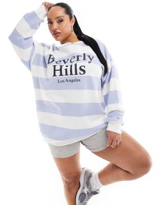 Yours - Gestreifter Pullover in Blau und Weiß mit „Beverley Hills"-Print-Bunt