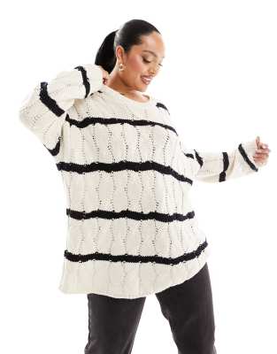 Yours - Gestreifter Strickpullover mit Zopfmuster-Bunt