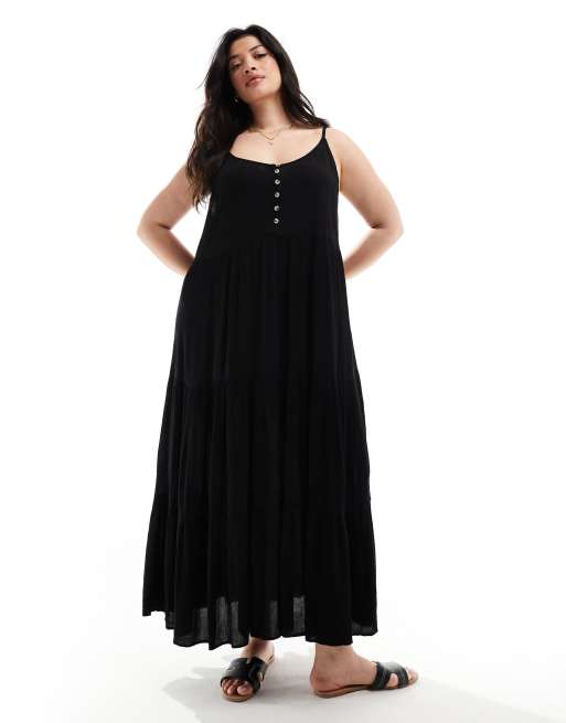 Yours – Gestuftes Maxi-Trägerkleid in Schwarz