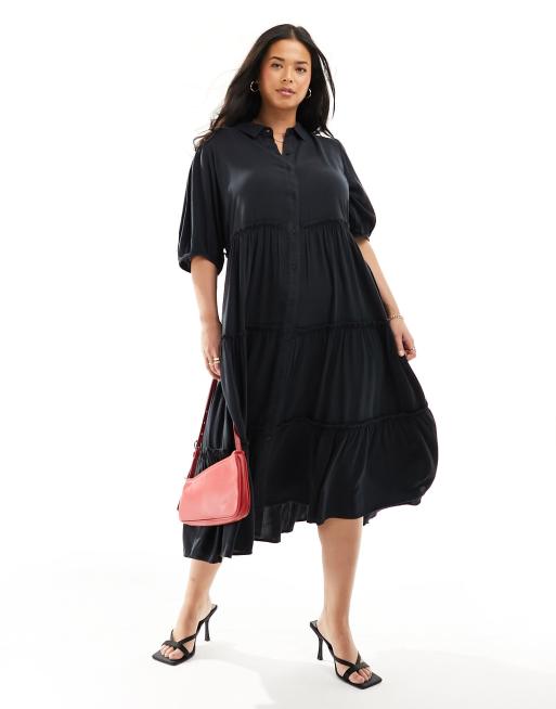 Yours – Gestuftes Maxikleid in Anthrazit mit Knopfleiste 