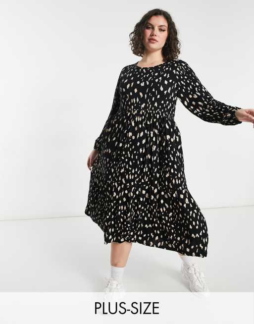 Yours – Gestuftes Maxikleid mit Ballonärmeln und Tiermuster in Schwarz
