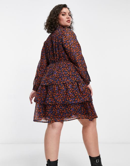 Yours – Gestuftes Tunika-Minikleid mit Schleife und lila Blumenmuster, 2 von 4