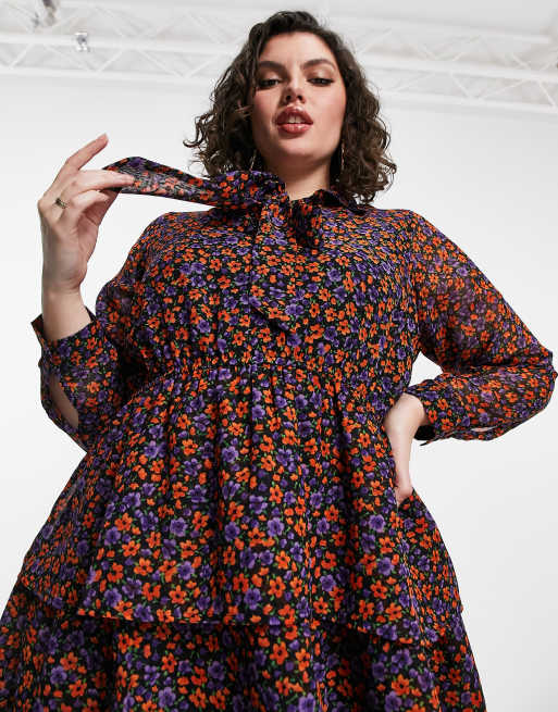 Yours – Gestuftes Tunika-Minikleid mit Schleife und lila Blumenmuster, 3 von 4