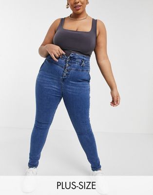 Yours High Waist Skinny Jean With Corset Detail In Indigo-blues