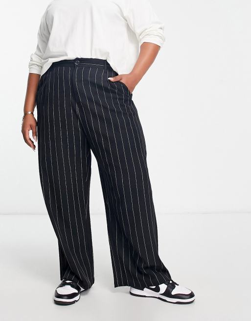 Yours – Hose in Schwarz mit Nadelstreifen und weitem Schnitt