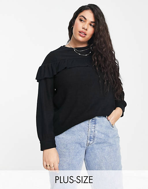 Women Yours jumper with frill detail in black 