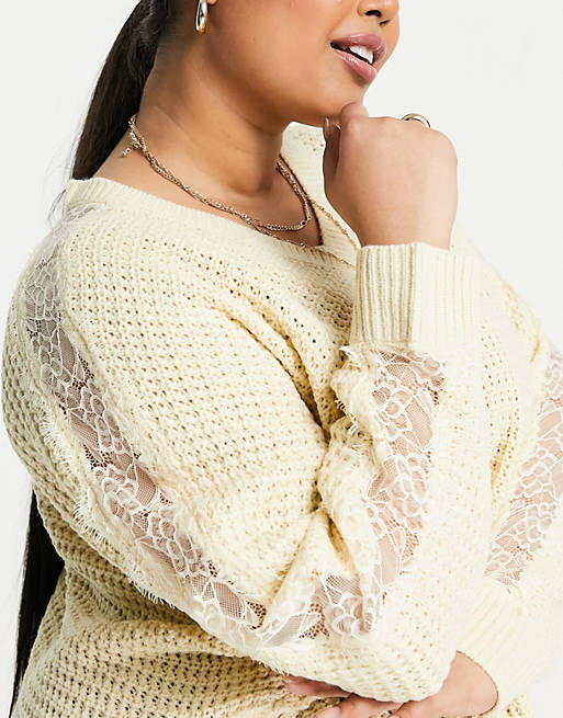  Yours jumper with lace detail in cream 