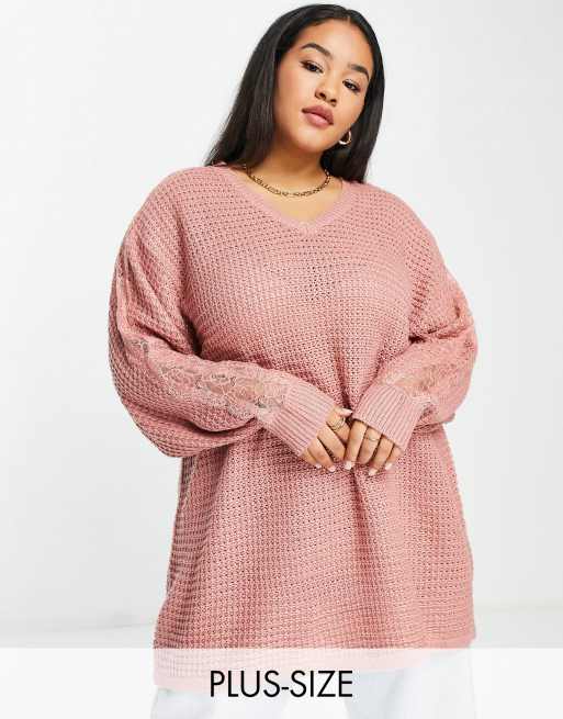 Yours jumper with lace detail in pink