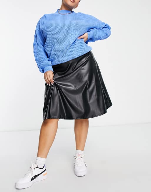 Yours Jupe patineuse en imitation cuir Noir ASOS