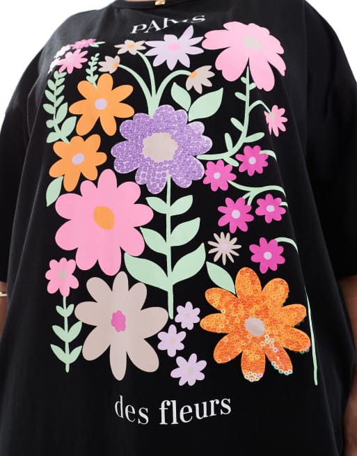 Yours – Kastiges T-Shirt in Schwarz mit Blumengrafik, 3 von 4