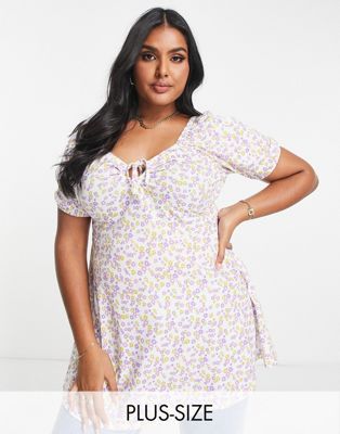 Yours keyhole puff sleeve top in white floral