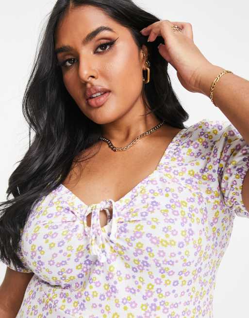 Yours keyhole puff sleeve top in white floral