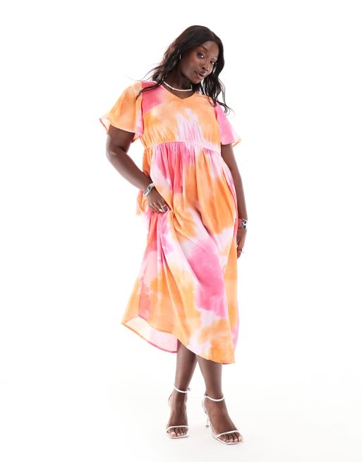 Yours – Kleid mit verschwommenem, rosa Muster und gebundener Rückseite