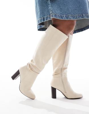 Yours knee high heeled boots in off white