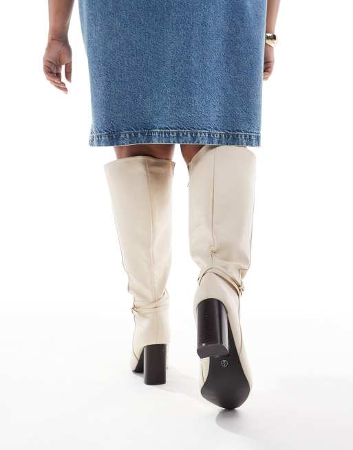 Yours knee high heeled boots in off white ASOS
