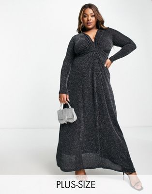 YOURS KNOT FRONT GLITTER MAXI DRESS IN BLACK-SILVER