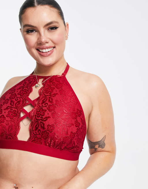 Yours lace halter neck bralette in red