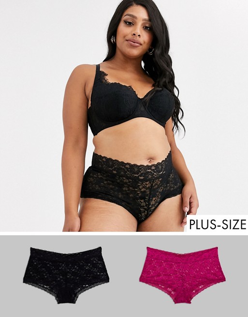 Yours lace short knicker 2 pack in black and pink
