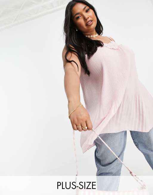 Yours lace trim pleated cami top in pale pink