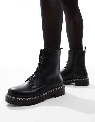 lace up stitch detail biker boots in black