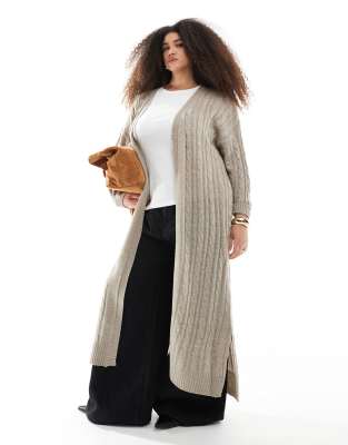 Yours - Lange Strickjacke in Beige mit Zopfmuster-Schwarz