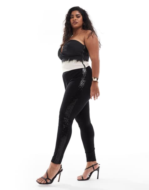 Yours - Legging en maille point de Rome avec rayures à sequins sur le côté - Noir - view 1