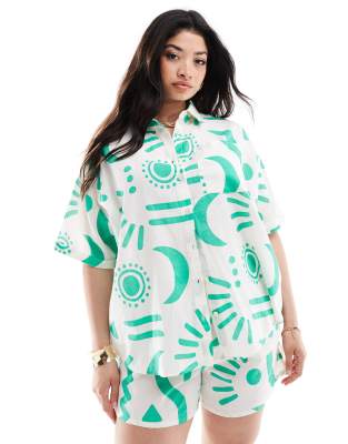 Yours Yours linen shirt in green print co-ord-Multi