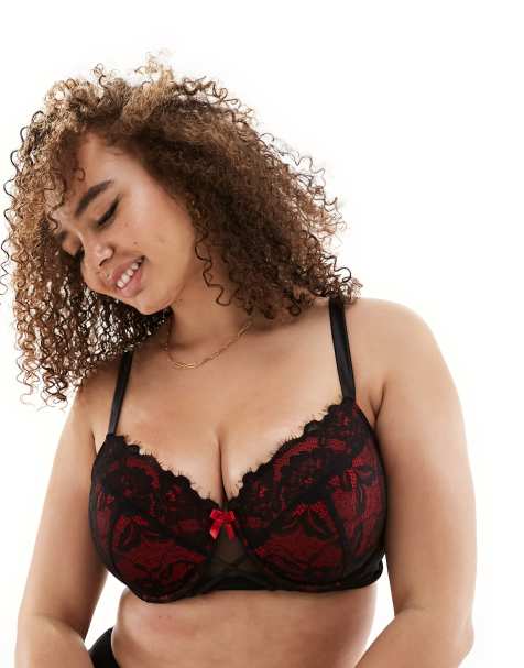 Lace Longline Padded Balconette Bra In Red