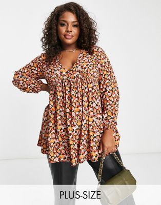 Yours long sleeve peplum blouse in black floral