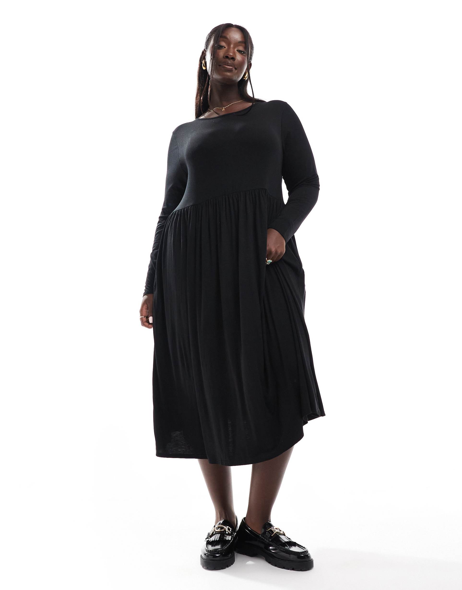 yours long sleeve pocket smock midi dress in black