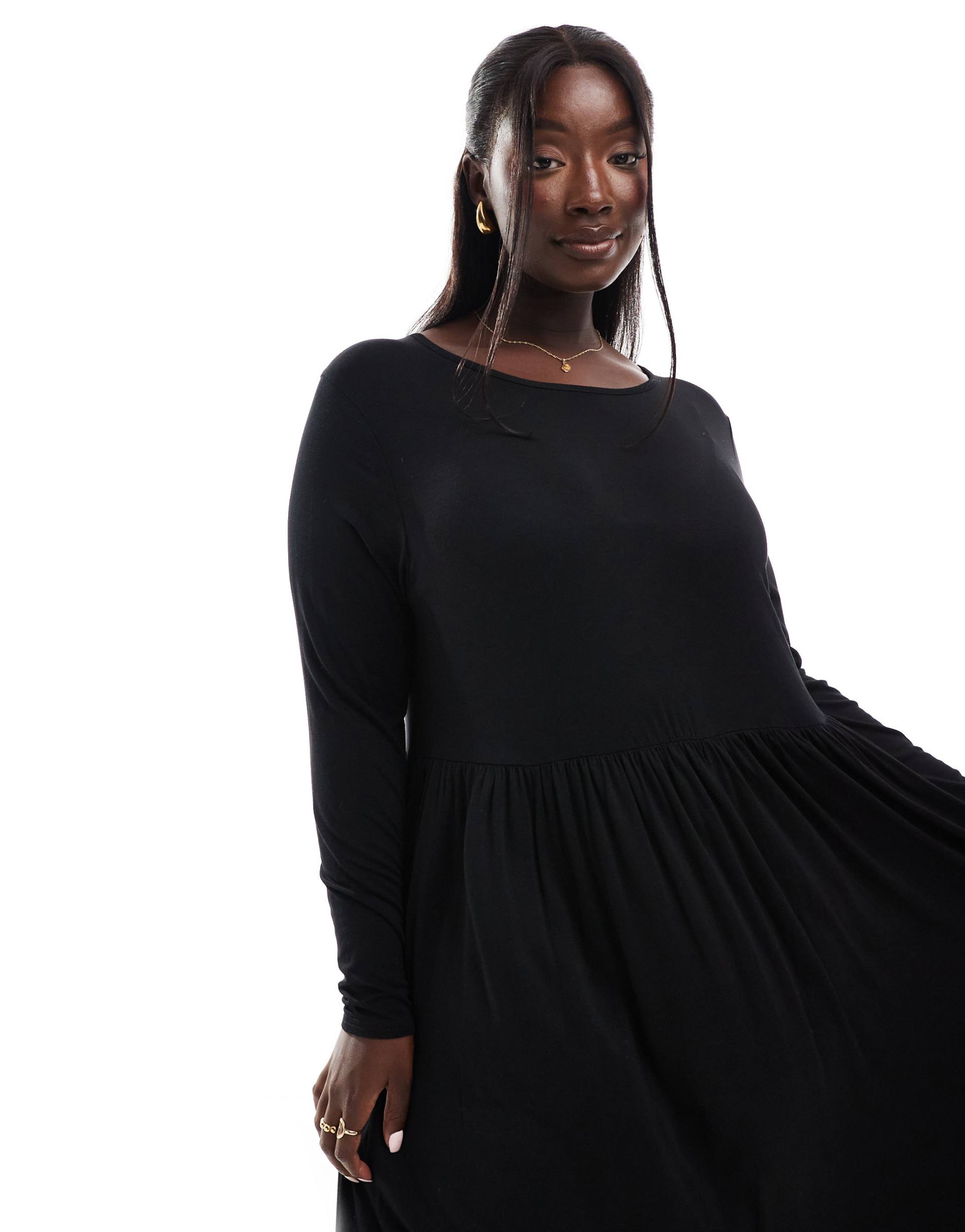 yours long sleeve pocket smock midi dress in black