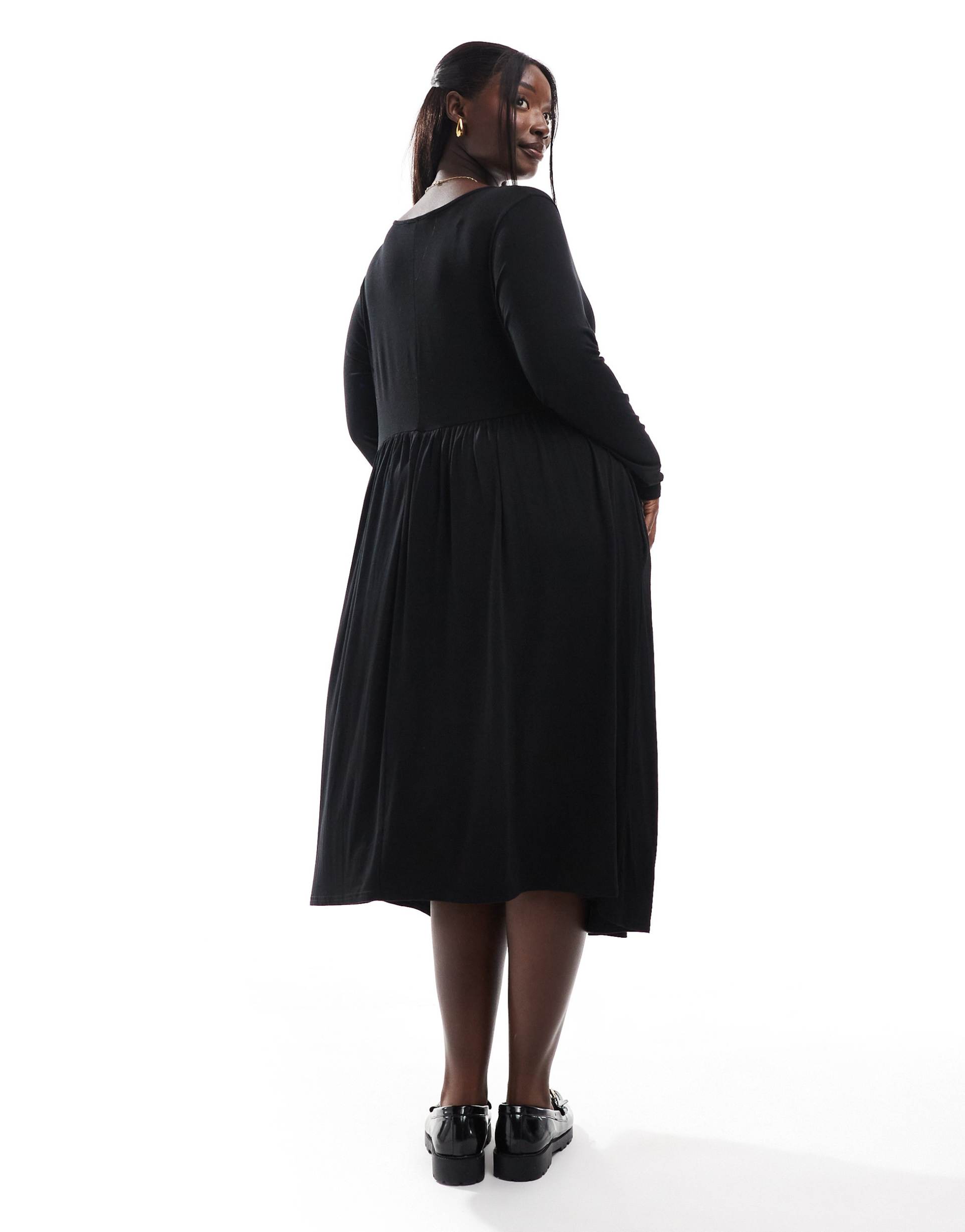 yours long sleeve pocket smock midi dress in black