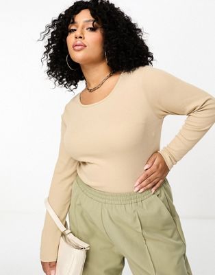 Yours Long Sleeve Ribbed Bodysuit In Beige-neutral