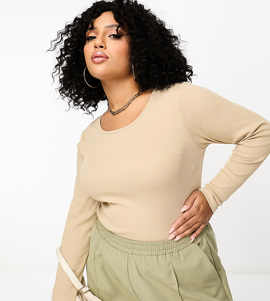 Yours long sleeve ribbed bodysuit in beige-Neutral