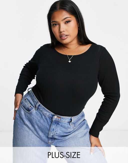 Plus Size Black Long Sleeve Ribbed Bodysuit