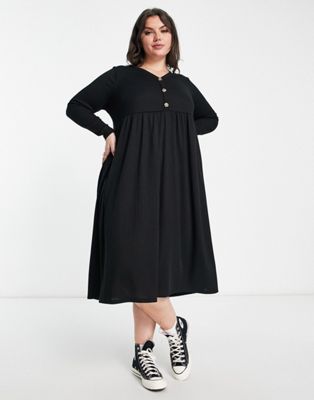 Yours long sleeve ribbed button through midi dress in black - ASOS Price Checker